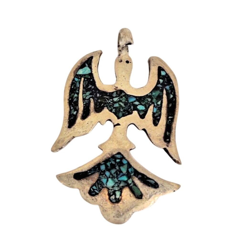 Sterling Silver Peyote Bird Pendant Crushed Stone Inlay 5.5 G 1.25 Inch Native